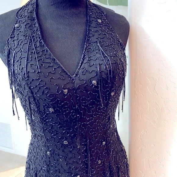 Niteline | Dresses | Black Beaded Gown Long Dress Cocktail Evening Holiday  Sequin Halter Size 4 | Poshmark